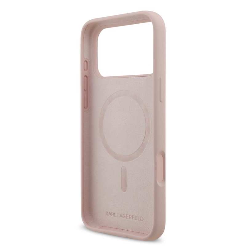 Karl Lagerfeld – zadný kryt z tekutého silikónu s motívom Karla a Choupette, kompatibilný s MagSafe, pre iPhone 18 Pro Max, ružový