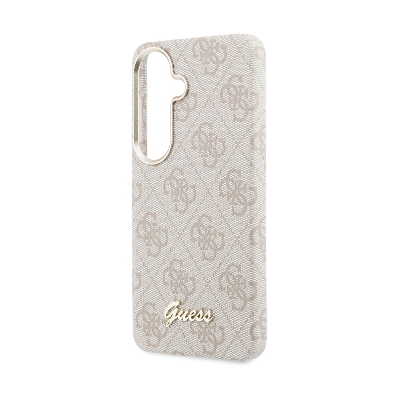Guess PU 4G Script Metal Logo Magnetický zadný kryt pre Samsung Galaxy S26 ružový