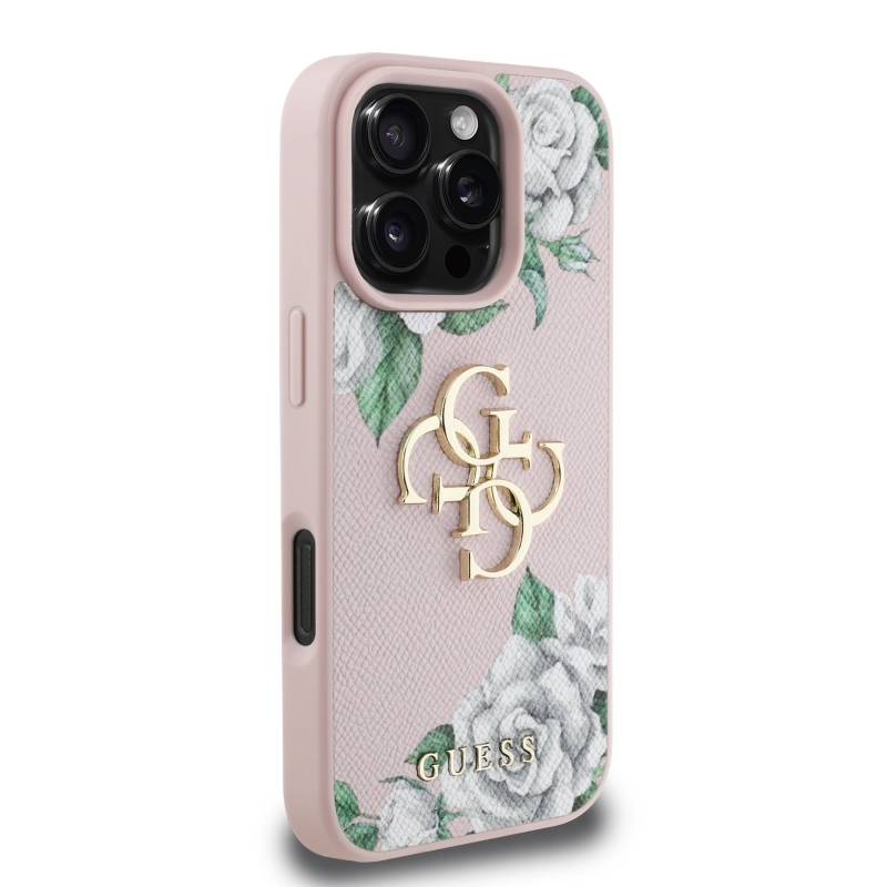 Guess PU Grained Roses 4G Metal Logo Zadný Kryt pre iPhone 16 Pro Pink