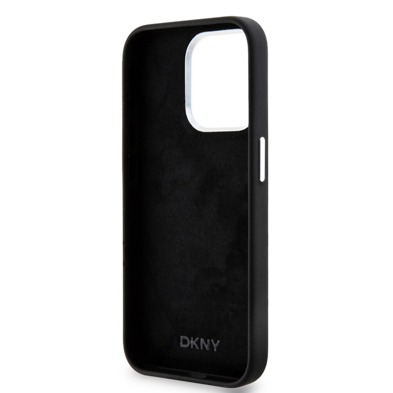 DKNY Liquid Silicone Silver Metal Logo Magsafe Zadný Kryt pre iPhone 15 Pro Black