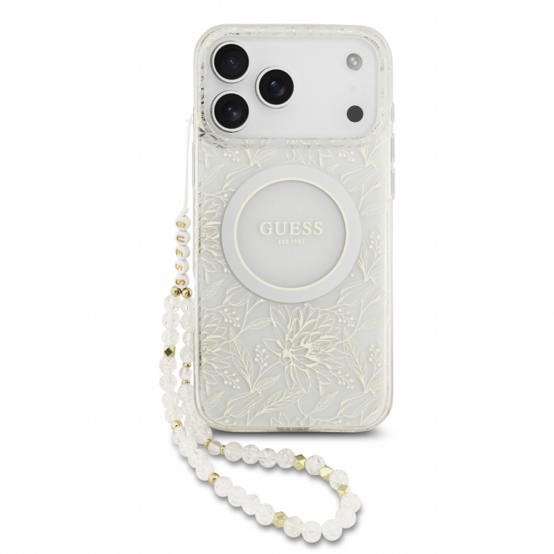 Guess IML Flowers Allover Strap MagSafe zadný kryt pre iPhone 18 Pro Max, biely