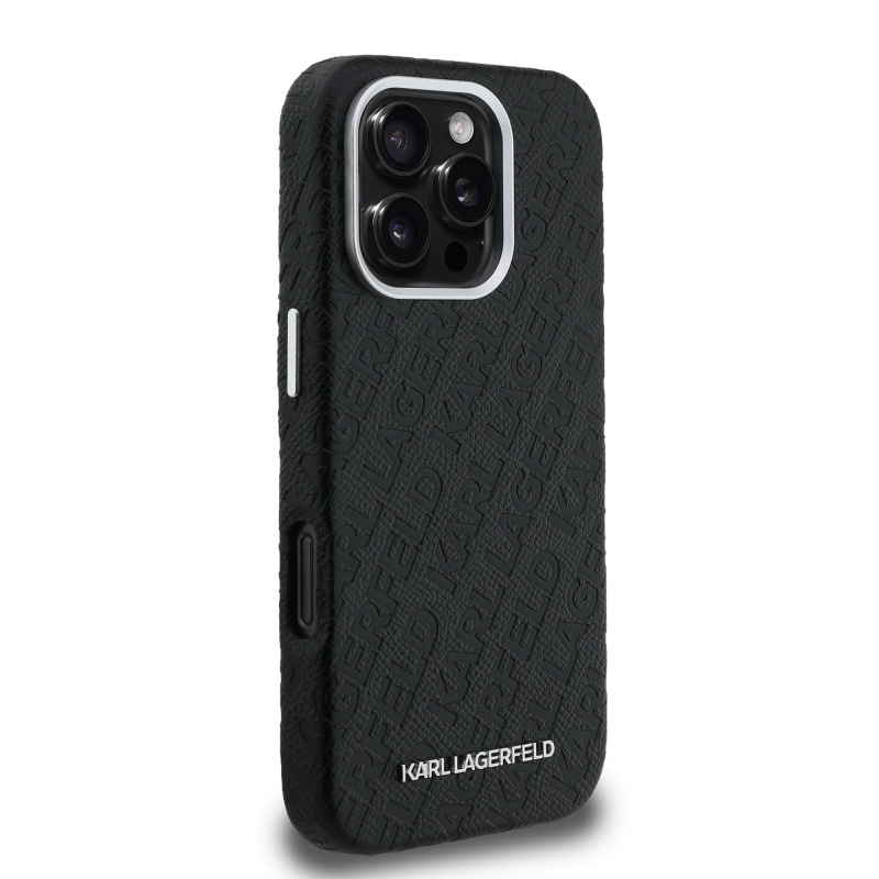 Karl Lagerfeld Grained PU Repeated Logo MagSafe Zadný Kryt pre iPhone 16 Pro Black