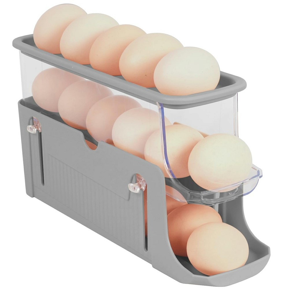 Trojposchodový organizér na vajcia do chladničky s automatickým posuvom - šedý