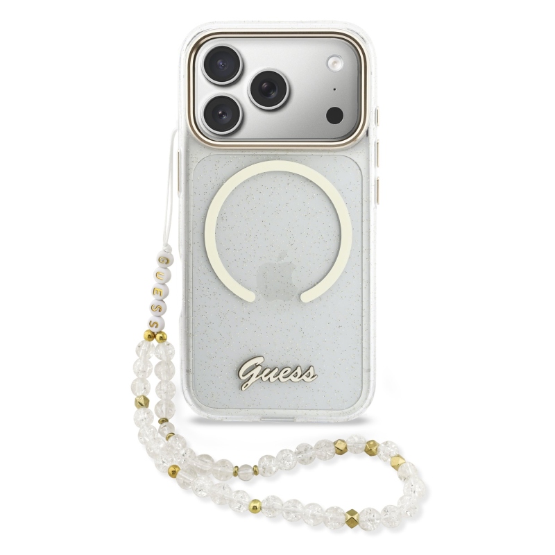Guess IML Glitter Script Strap MagSafe zadný kryt pre iPhone 17 Pro Transparent