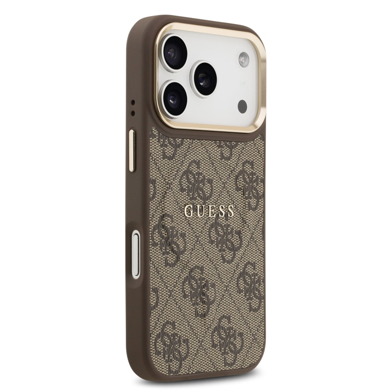 Guess PU kožený zadný kryt 4G Gold Frame MagSafe pre iPhone 17 Pro Brown