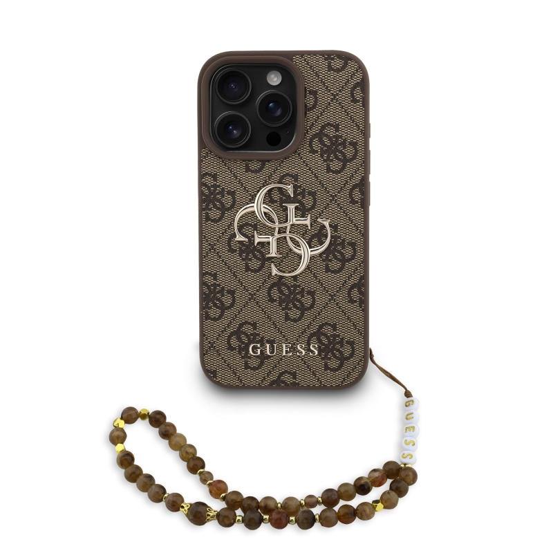Guess PU 4G Metal Logo Strap Zadný Kryt pre iPhone 16 Pro Brown