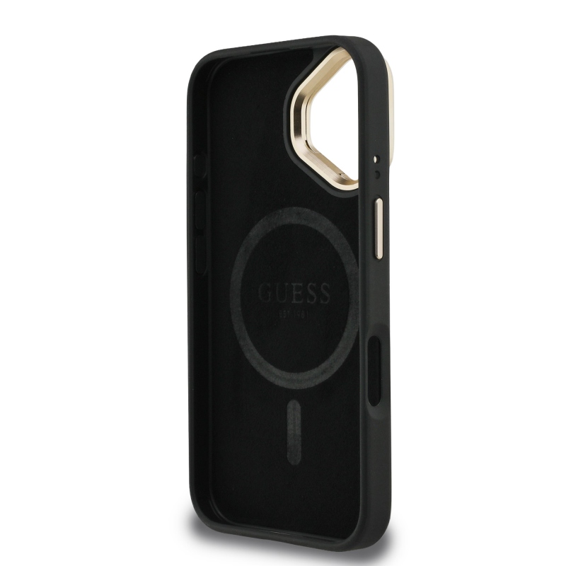 Guess PU 4G Strass Triangle Logo Stand Camera Frame MagSafe Zadný Kryt pre iPhone 16 Black