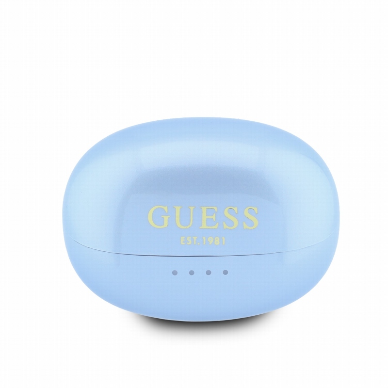 Bezdrôtové slúchadlá Guess s metalickým povrchom, klasickým logom a technológiou OWS, svetlo modré