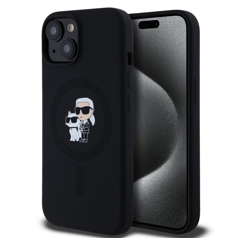 Karl Lagerfeld Liquid Silicone Karl and Choupette Magsafe Zadný Kryt pre iPhone 15 Black