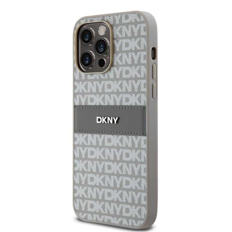 DKNY PU Leather Repeat Pattern Tonal Stripe Zadný Kryt pre iPhone 14 Pro Beige