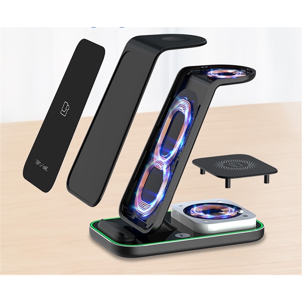 YF-A6 bezdrôtová nabíjacia stanica 3v1 15W s nočným svetlom - biela