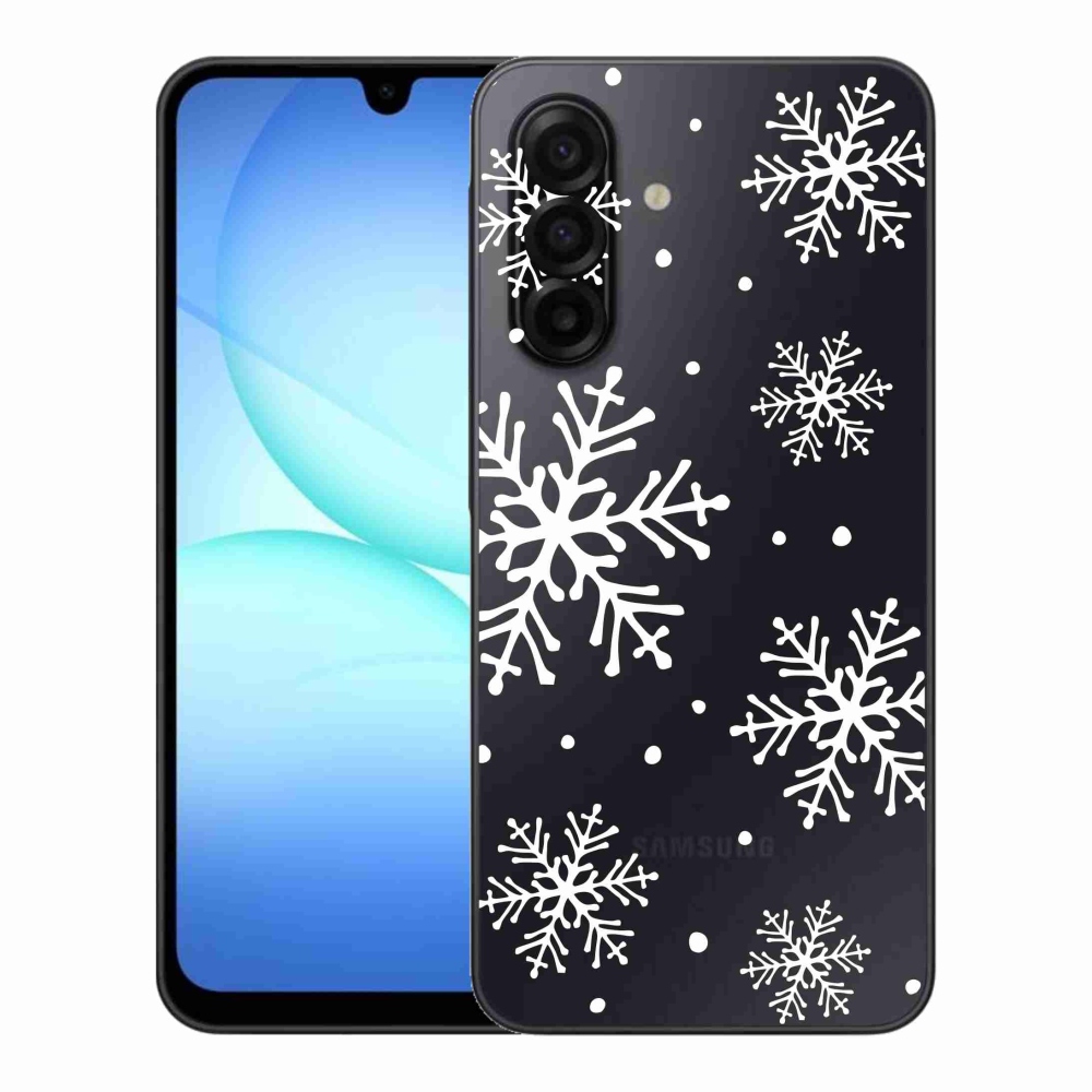 Gélový kryt mmCase na Samsung Galaxy A17 4G/5G - biele vločky na priehľadnom pozadí