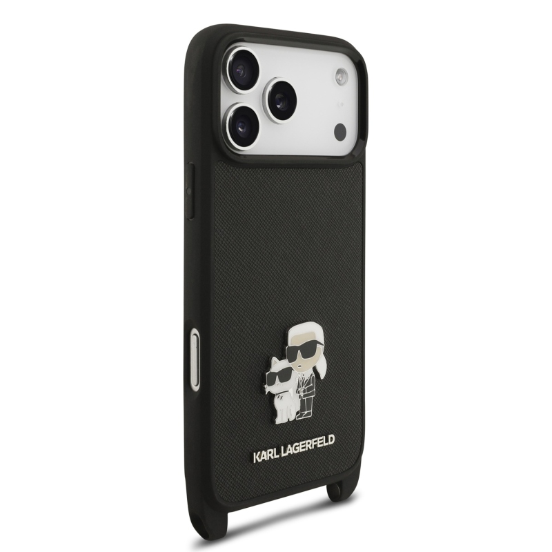 Karl Lagerfeld Saffiano Crossbody popruh Metal Karl a Choupette zadný kryt pre iPhone 18 Pro čierny