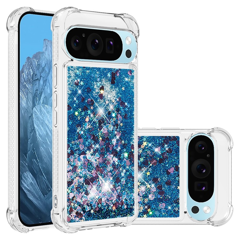 Glitter presýpací gélový obal na Google Pixel 10 Pro/Pixel 10 - modrý/srdiečka