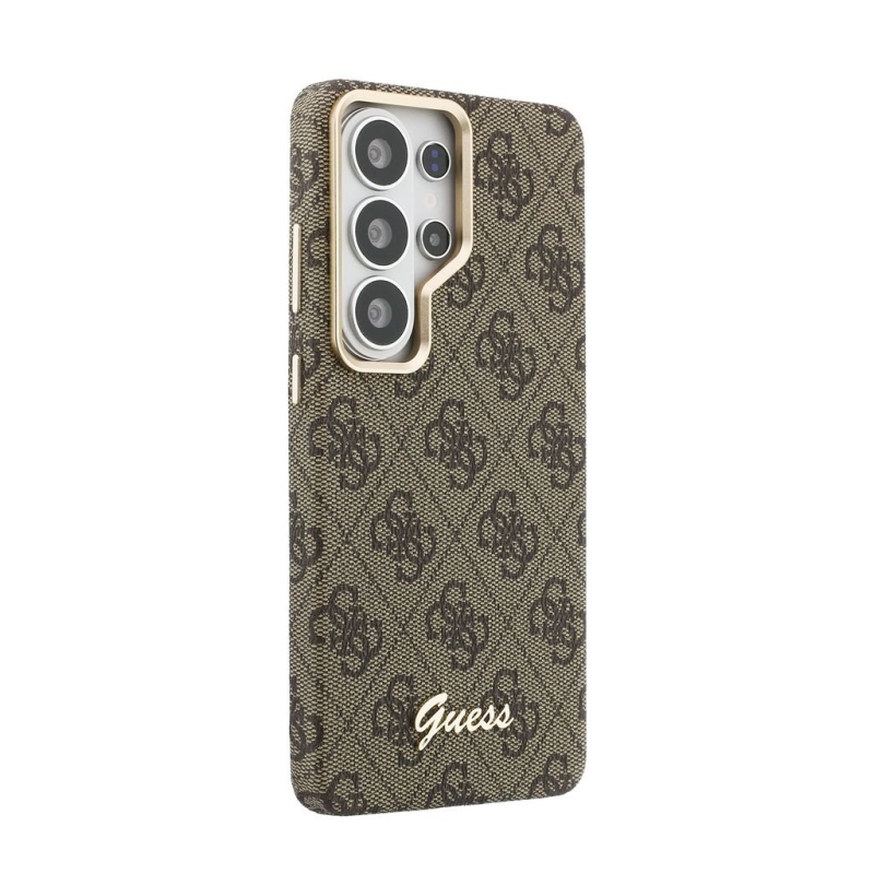 Guess PU 4G Script Metal Logo Magnetický zadný kryt pre Samsung Galaxy S26 Ultra Brown