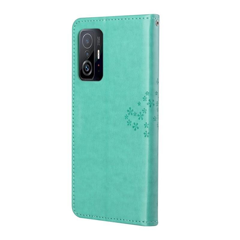 Tree PU kožené peněženkové puzdro na mobil Xiaomi 11T / 11T Pro - cyan