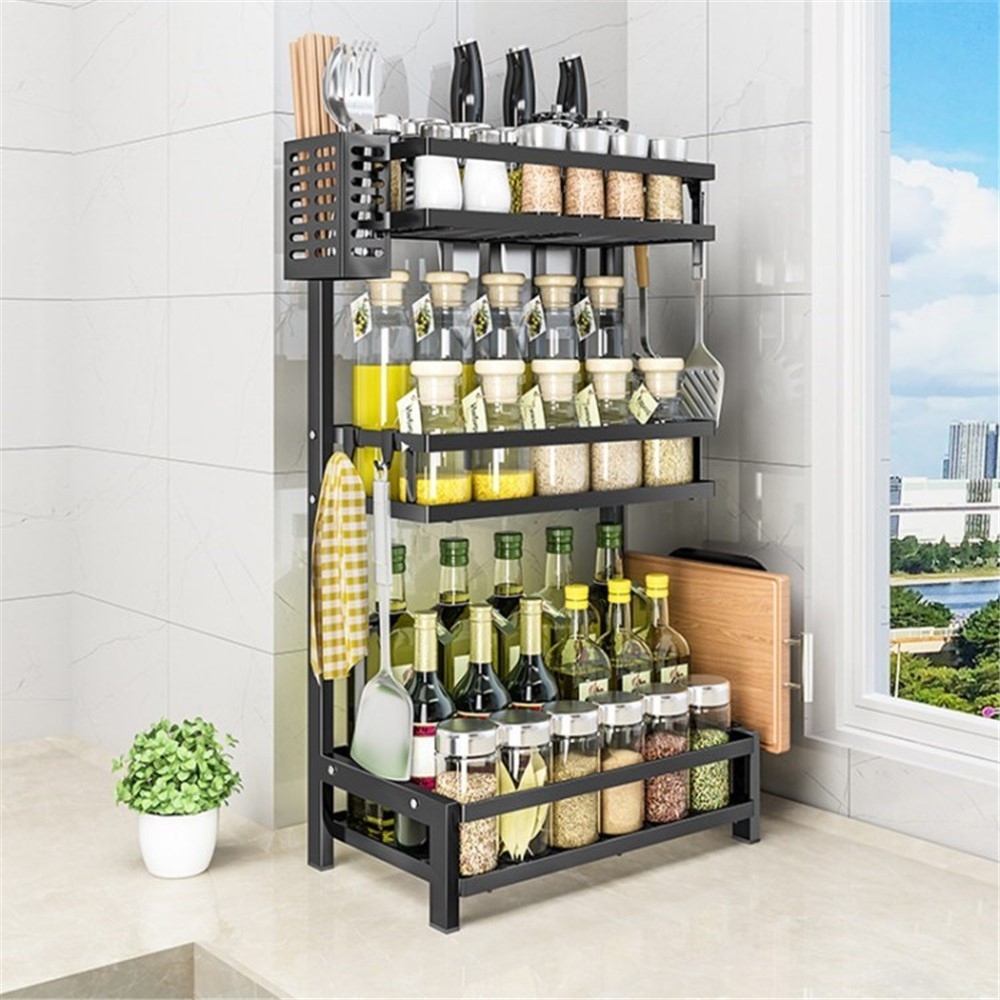 Trojpodlažný stojan na koreničky a nože z uhlíkovej ocele - čierny