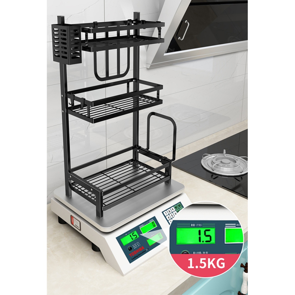 Trojpodlažný stojan na koreničky a nože z uhlíkovej ocele - čierny