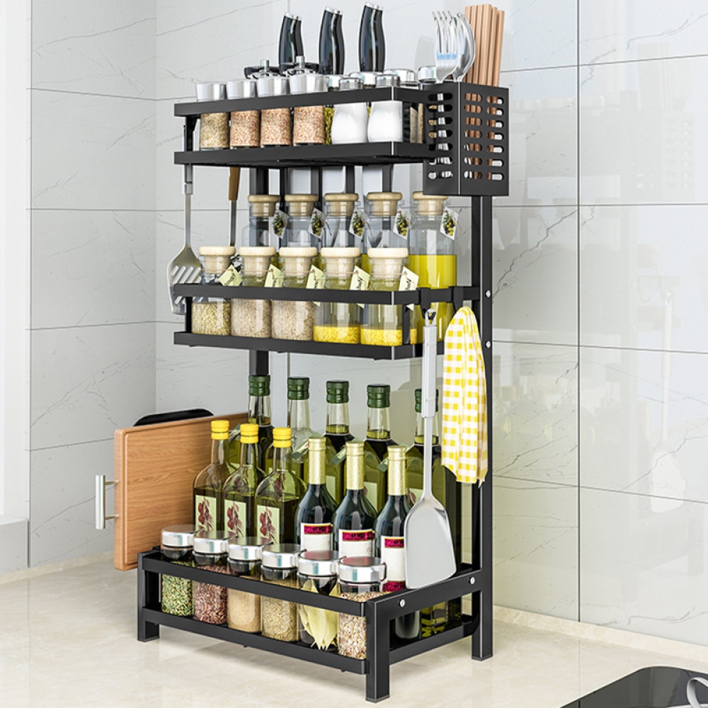 Trojpodlažný stojan na koreničky a nože z uhlíkovej ocele - čierny