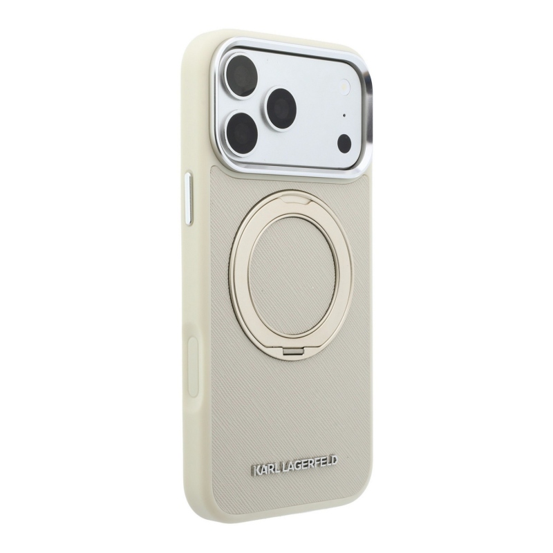 Karl Lagerfeld PU Saffiano Ring Stand MagSafe zadný kryt pre iPhone 18 Pro, béžový