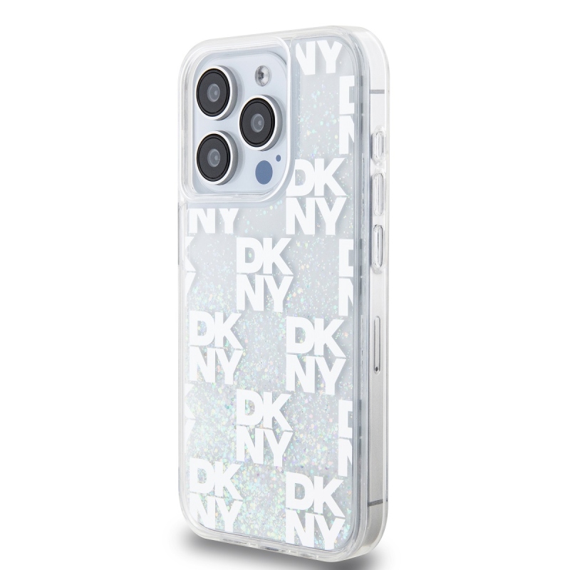 DKNY Liquid Glitter Checkered Pattern Zadný Kryt pre iPhone 15 Pro Transparent