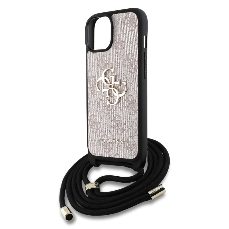 Guess PU 4G Metal Logo Crossbody Popruh Zadný Kryt pre iPhone 15 Pink