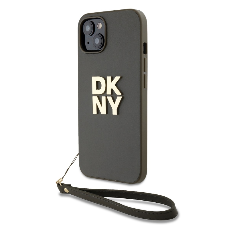 DKNY PU Leather Stack Logo Wrist Strap Zadný Kryt pre iPhone 15 Brown