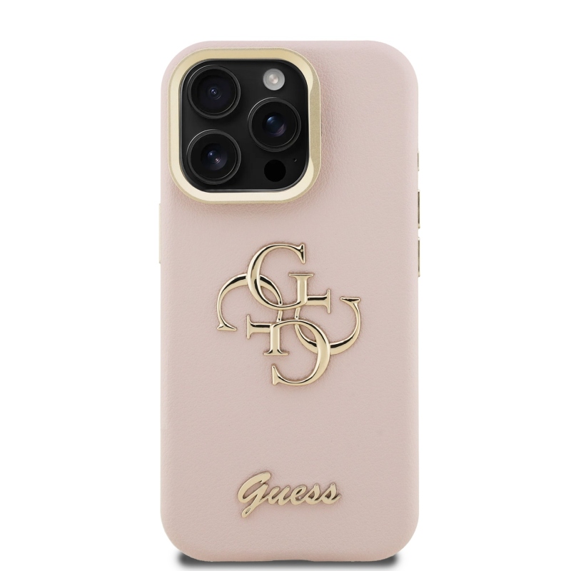 Guess PU Grained 4G Logo Stand Camera Frame Zadný Kryt pre iPhone 15 Pro Pink
