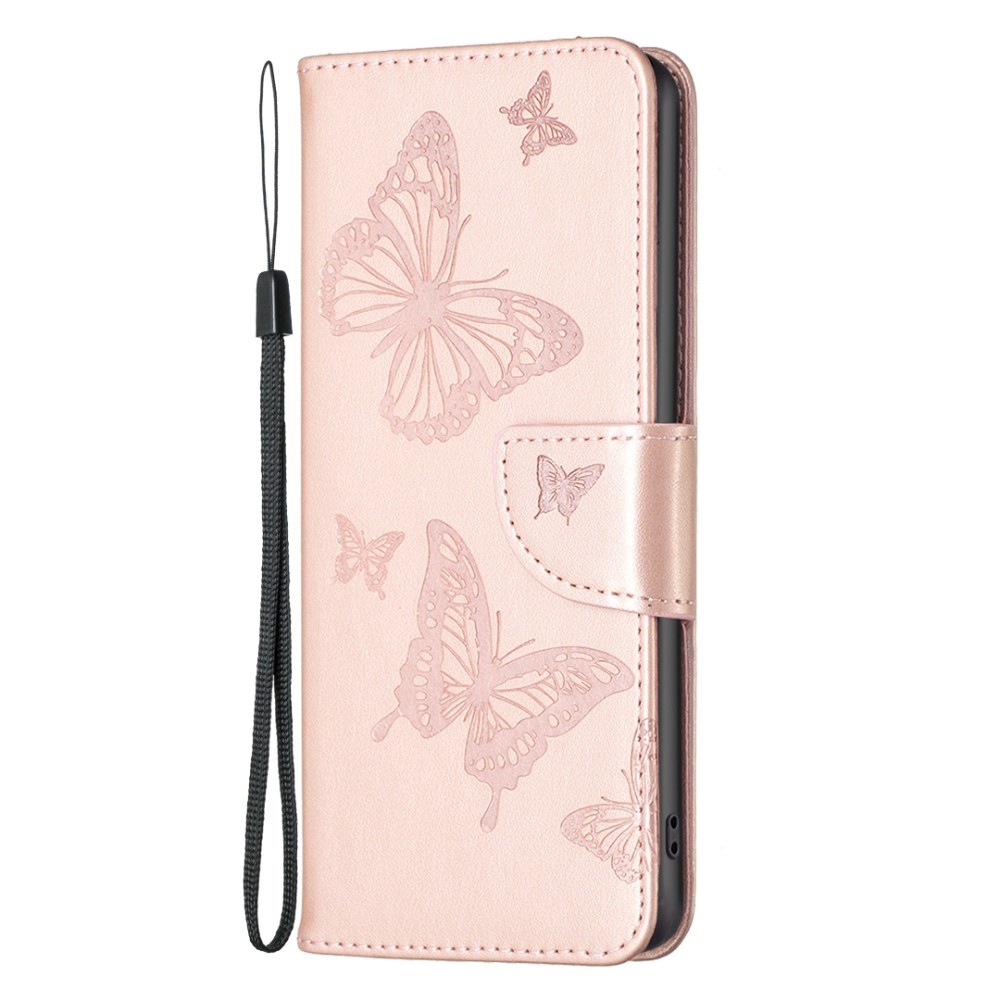 Butterfly knižkové puzdro na iPhone 15 - ružovozlaté