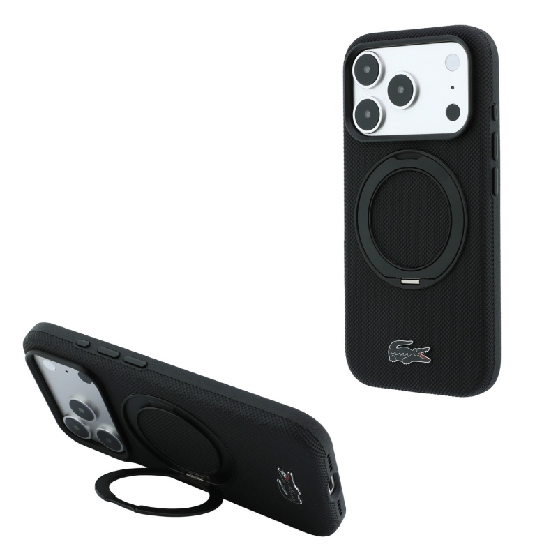 Lacoste PVC Petit Pique Semi Wrap Ring Stand MagSafe zadný kryt pre iPhone 18 Pro Max, čierny