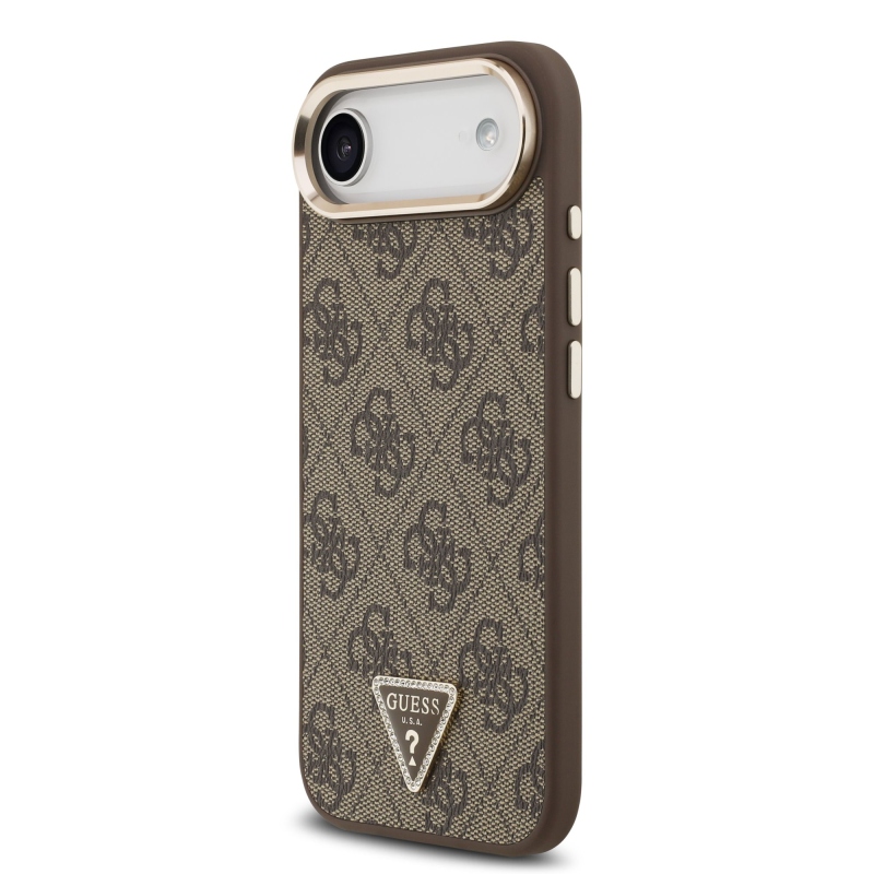 Guess PU kožený 4G štrasové trojuholníkové logo Gold Frame MagSafe zadný kryt pre iPhone Air Brown