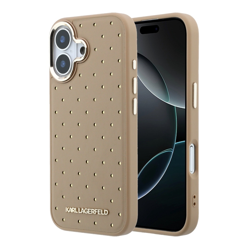 Karl Lagerfeld PU Perforated Gold Dots MagSafe zadný kryt pre iPhone 17, béžový