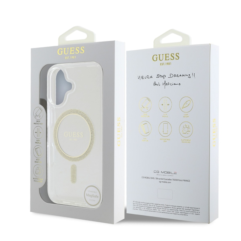 Guess IML Glitter Ring MagSafe Zadný Kryt pre iPhone 16 Transparent