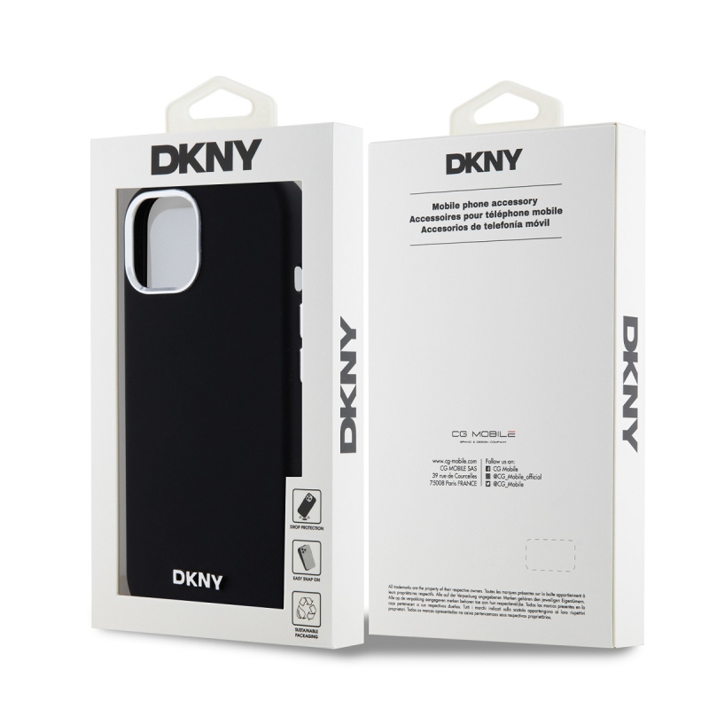 DKNY Liquid Silicone Silver Metal Logo Magsafe Zadný Kryt pre iPhone 15 Black