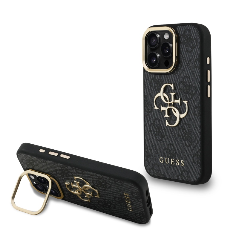 Guess PU 4G Metal Logo Stand Camera Frame Zadný Kryt pre iPhone 15 Pro Max Black