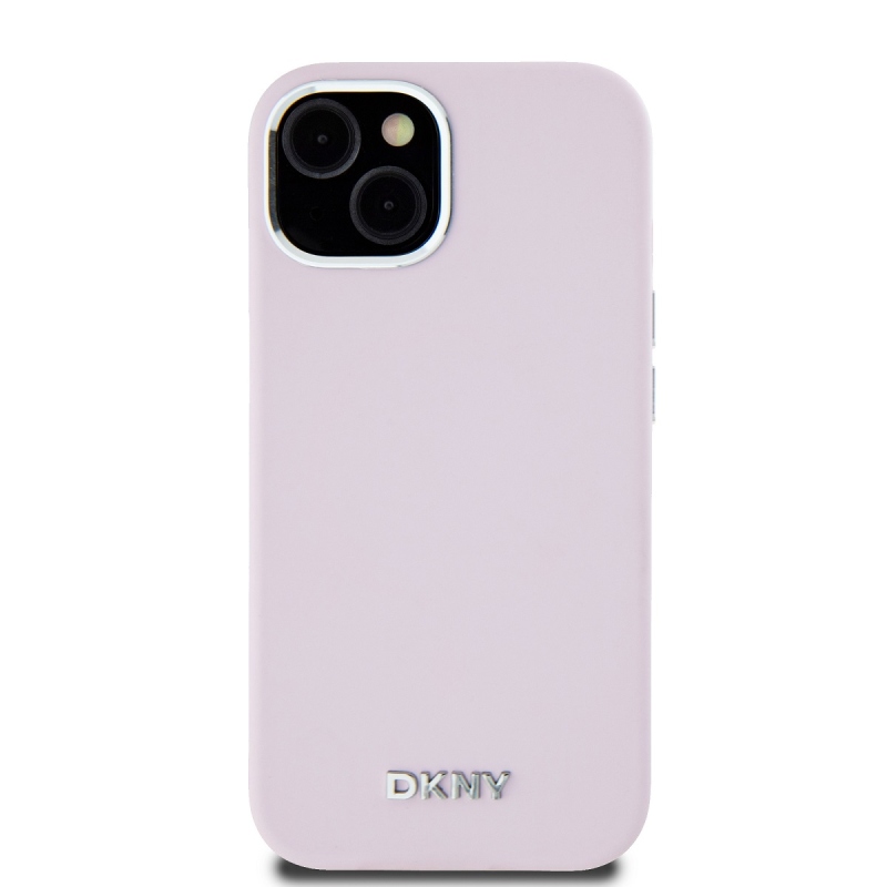 DKNY Liquid Silicone Silver Metal Logo Magsafe Zadný Kryt pre iPhone 15 Pink