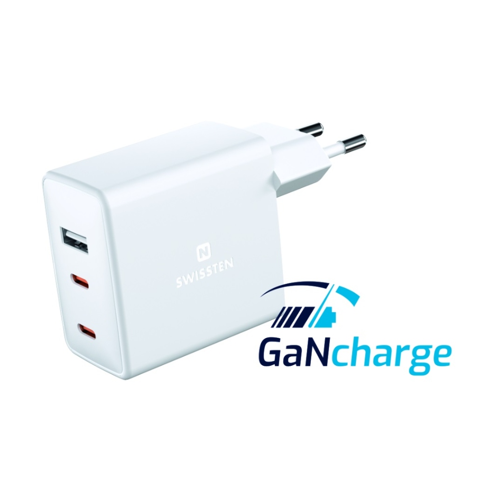 Nabíjačka Swissten GaN 70W, 2x USB-C, 1x USB - biela