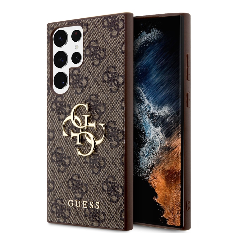 Guess PU 4G Metal Logo Zadný Kryt pre Samsung Galaxy S24 Ultra Brown