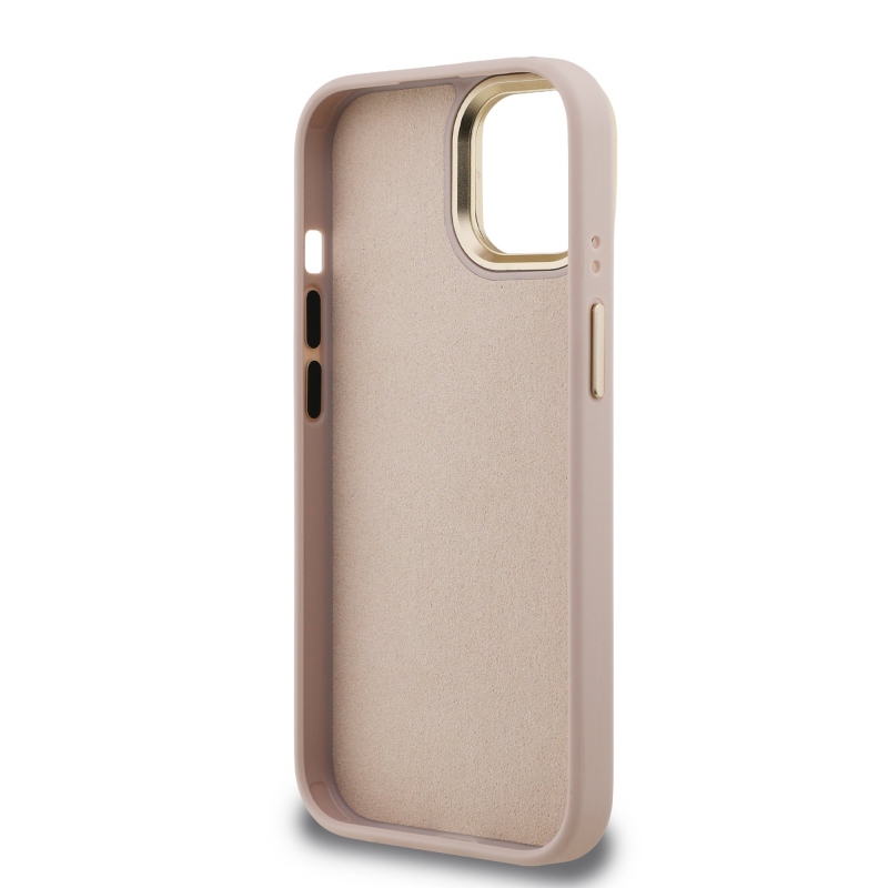 Guess PU 4G Metal Logo Stand Camera Frame Zadný Kryt pre iPhone 15 Pink