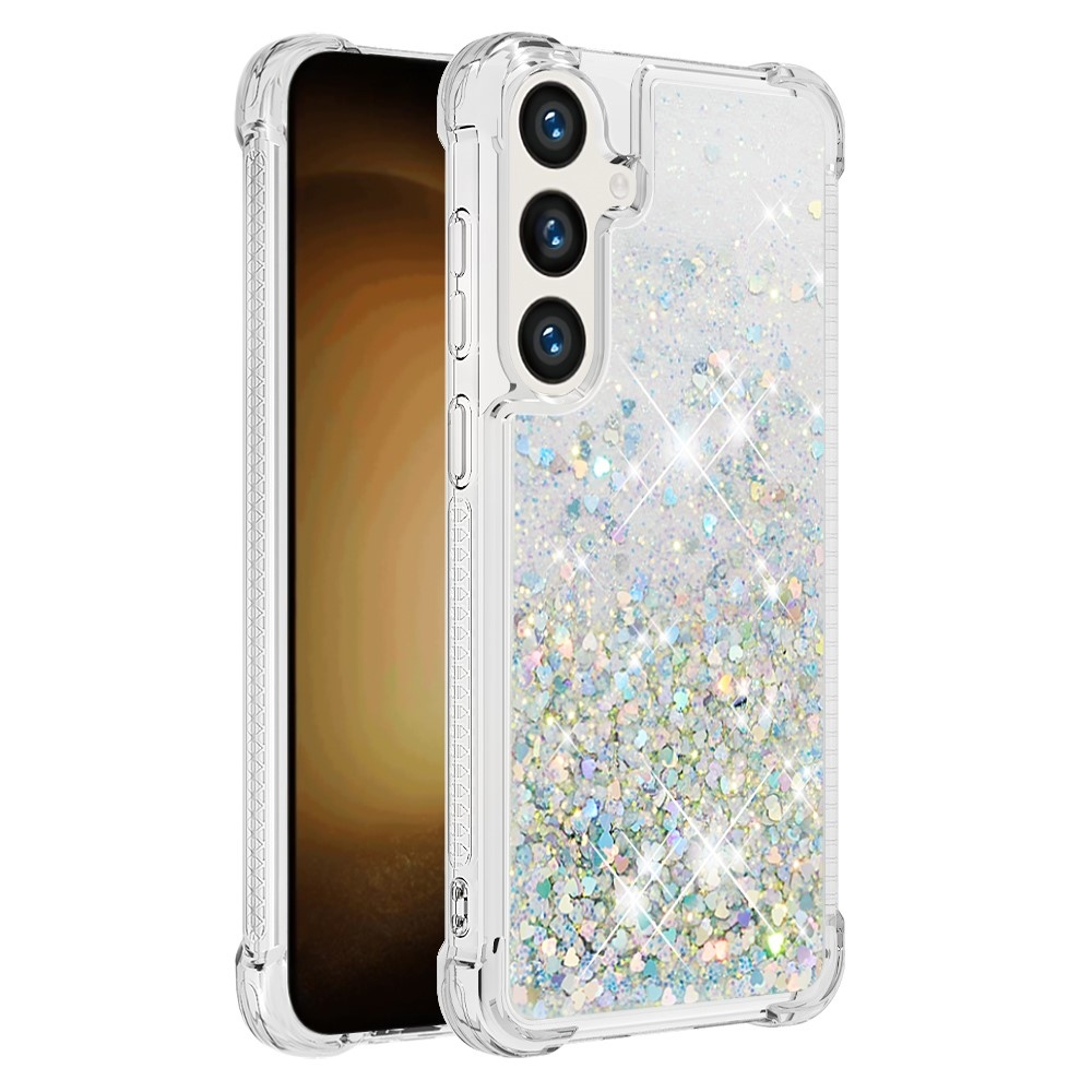 Glitter presýpací gélový obal na mobil Samsung Galaxy S24+ - strieborný/srdiečka