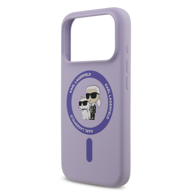 Karl Lagerfeld Tekutý silikónový kryt Karl and Choupette MagSafe pre iPhone 17 Pro Purple