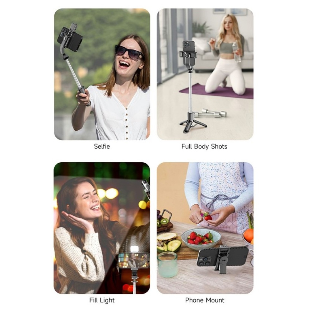 Q21S mini selfie tyč so statívom, LED svetlom a Bluetooth