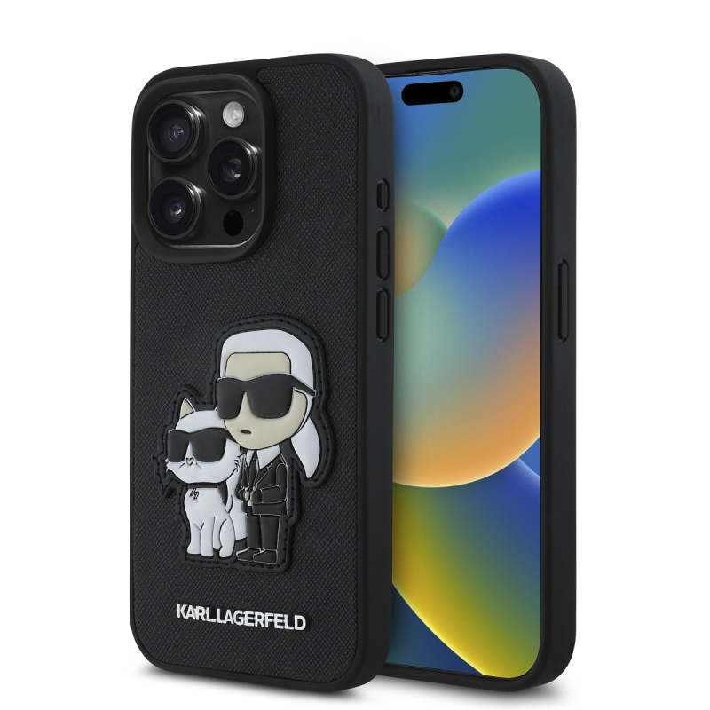 Karl Lagerfeld PU Saffiano Karl and Choupette Zadný Kryt pre iPhone 15 Pro Max Black