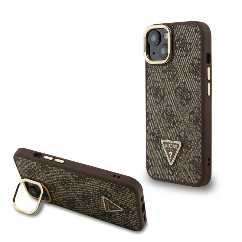 Guess PU 4G Strass Triangle Logo Stand Camera Frame MagSafe Zadný Kryt pre iPhone 14 Brown