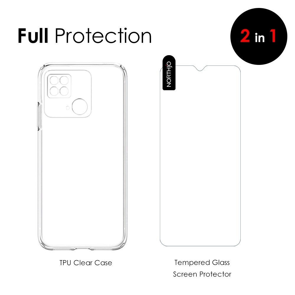 NORTHJO priehľadný gélový obal + tvrdené sklo na Xiaomi Redmi 10C - priehľadný