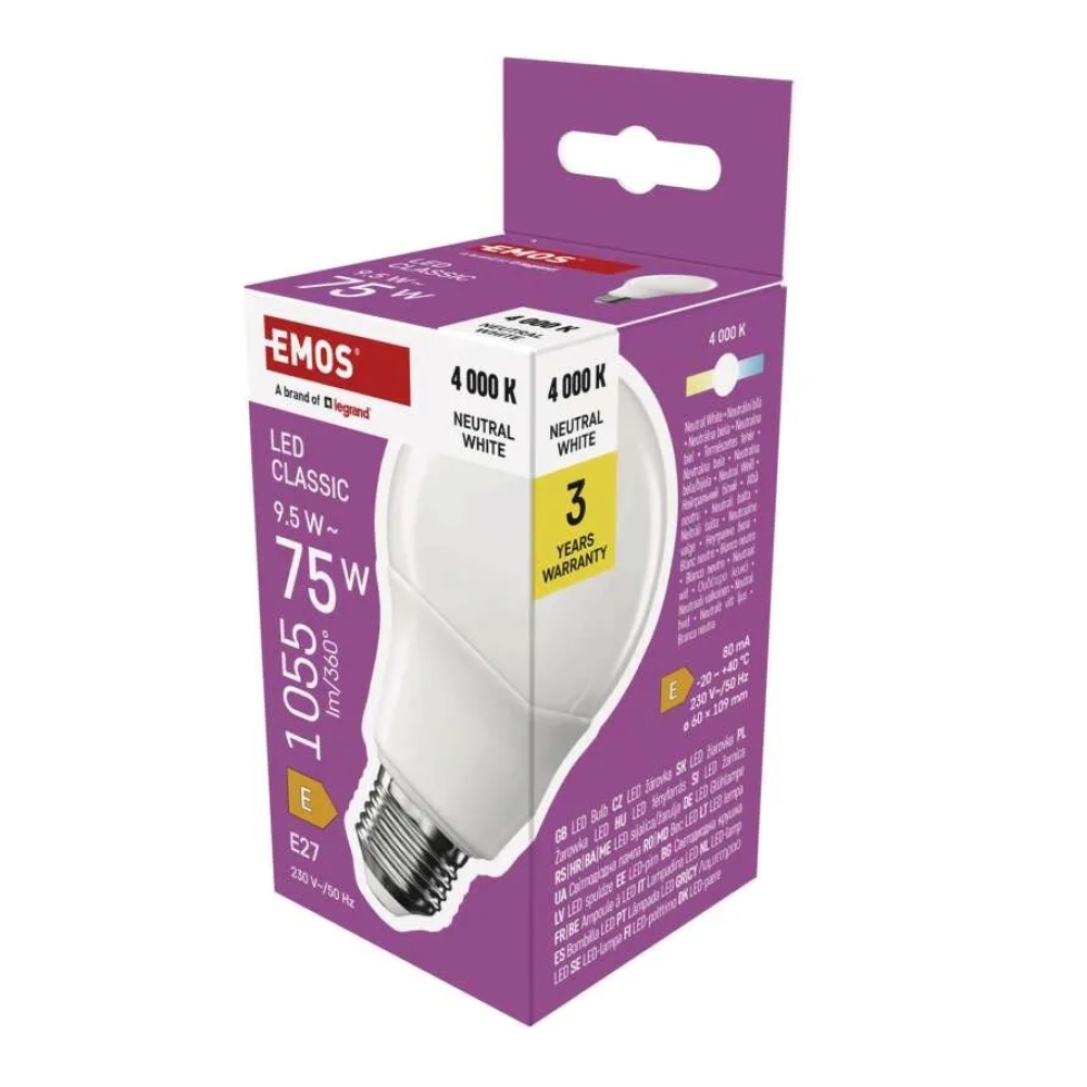 LED žiarovka Classic A60 / E27 / 9,5 W (75 W) / 1055 lm / neutrálna biela