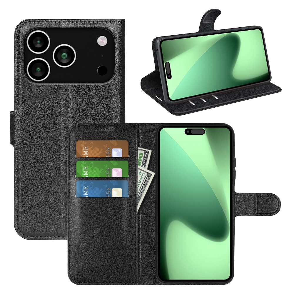 Litchi knižkové púzdro na iPhone 17 Pro - čierny