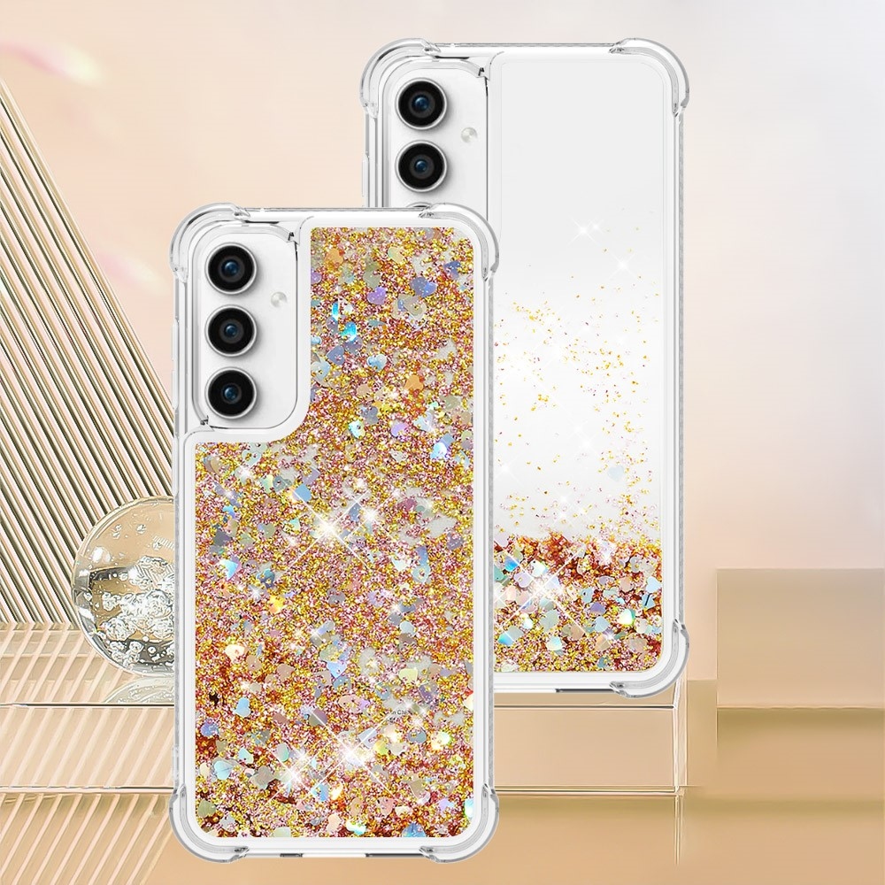 Glitter gélový presýpací obal na Samsung Galaxy S23 FE - zlatý/srdiečka