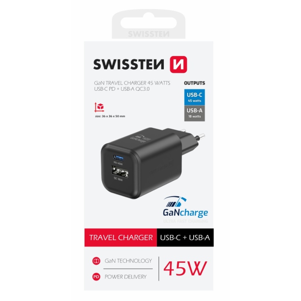 Nabíjačka Swissten GaN 1x USB-C 45W PD + 1x USB-A 18W QC - čierna