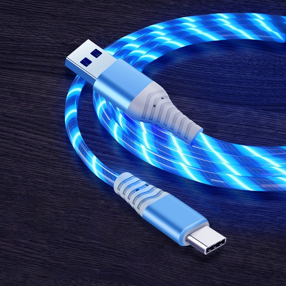 LED svietiaci USB kábel Typ-C 3A pre nabíjanie a synchronizáciu 1m - modrý
